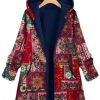 Plus Size Floral Print Long Sleeve Fleece Liner Hoodie Coat; Women's Plus Plush Button Up Coat