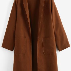 Plus Size Solid Lapel Collar Pocket Longline Coat; Women's Plus Casual Winter Coat (Color: Olive Brown, Size: 4XL(20))