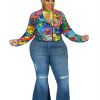 Plus Size Fashion Print Long Sleeve Crop Motorcycle Jacket; Women's Plus Slight Stretch Outerwear