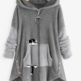 Plus Size Cartoon Puppy Print Colorblock Zip Up Hoodie Fuzzy Coat; Women's Plus Slight Stretch Casual Coat (Color: Grey, Size: 1XL(14))