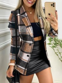 Plaid Button Down Long Sleeve Lapel Coat; Fashion Winter Blazer (Color: Brown, Size: L)