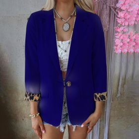 autumn and winter new fashion leopard long sleeved cardigan casual suit jacket women (Color: Blue, Size: S)