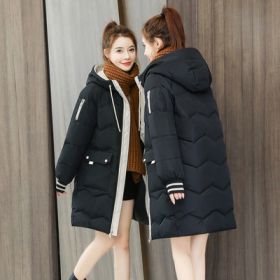 2024 Winter Women Jacket Coats Long Parkas cotton Hooded Overcoat (Color: Black, Size: M47.5-55KG)