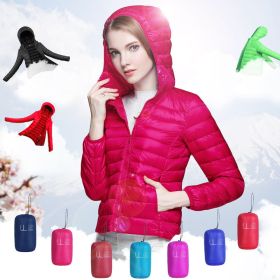 Ultra Light Winter Puffer Jacket Solid Color Hooded Zippers Puffer Coat (Color: rose red, Size: L)