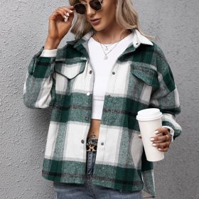 Women's Thick Cashmere Long-sleeved Plaid Top Loose Casual Shirt Plush Plaid Jacket (Color: Green, Size: M)