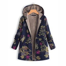 Europe and the new women's digital printing hooded sweater warm plush jacket (Color: Navy blue, Size: L)