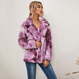 Autumn and Winter New Tie-dye Printing Double-sided Plush Long-sleeved Double-breasted Padded Jacket (Color: Purple, Size: 2XL)