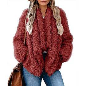 Autumn and winter women's coat new loose thick plush solid color long sleeve coat (Color: wine red, Size: S)