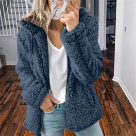 Autumn and winter new women's coat pure color woolen hooded coat (Color: Blue, Size: L)