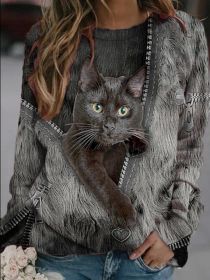 Autumn and winter women's new style jacket cartoon cat zipper printing casual round neck long sleeve blouse (Color: Grey, Size: L)