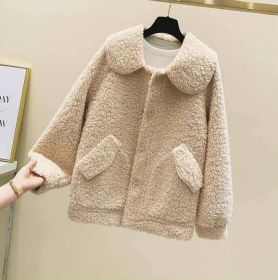 Plus velvet thick sweater women's design sense niche autumn and winter loose new imitation lamb wool coat (Color: Khaki, Size: XXL)