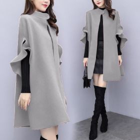 New women's autumn and winter plus size mid-length woolen coat British style a-line cloak woolen coat (Color: Gray, Size: L)