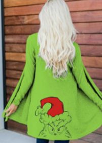 autumn and winter women's new coat Christmas print long-sleeved cardigan coat trench coat (Color: Green, Size: M)