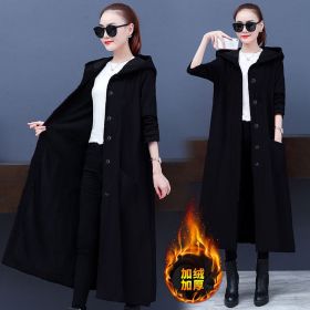 autumn and winter new women's solid color long large size loose coat fashionable all-match hooded windbreaker (Color: Black, Size: L)