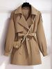 Plus Size Solid Lantern Sleeve Button Up Trench Coat With Belt; Women's Plus Double Breast Casual Trench Coat