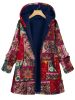 Plus Size Floral Print Long Sleeve Fleece Liner Hoodie Coat; Women's Plus Plush Button Up Coat