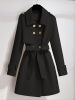 Plus Size Solid Button Up Long Sleeve Coat With Belt; Women's Plus Lapel Collar Elegant Long Coat