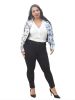 Plus Size Fashion Print Long Sleeve Crop Motorcycle Jacket; Women's Plus Slight Stretch Outerwear