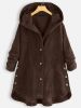 Plus Size Rib Knit Solid Hoodie Button Front Coat; Women's Plus Slight Stretch Casual Winter Coat