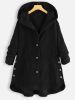 Plus Size Rib Knit Solid Hoodie Button Front Coat; Women's Plus Slight Stretch Casual Winter Coat