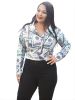 Plus Size Fashion Print Long Sleeve Crop Motorcycle Jacket; Women's Plus Slight Stretch Outerwear