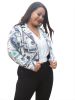 Plus Size Fashion Print Long Sleeve Crop Motorcycle Jacket; Women's Plus Slight Stretch Outerwear