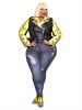 Plus Size Faux Leather Colorblock Rivet Decor Crop Jacket; Women's Plus Casual Lapel Collar Coat