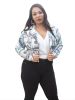 Plus Size Fashion Print Long Sleeve Crop Motorcycle Jacket; Women's Plus Slight Stretch Outerwear