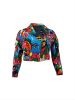 Plus Size Fashion Print Long Sleeve Crop Motorcycle Jacket; Women's Plus Slight Stretch Outerwear